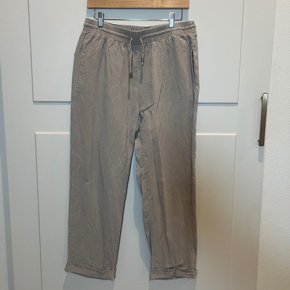 Cable & Gauge‎ Studio Women's Large Beige Linen Blend Cropped Drawstring Pants